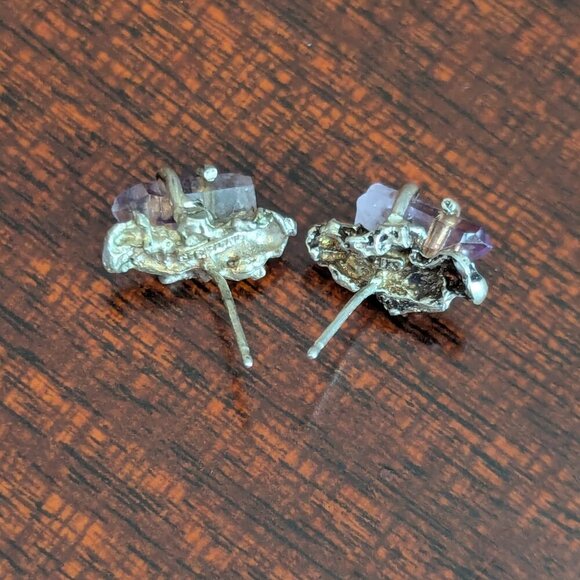 Fairycore Amethyst Sterling Silver Earrings Crystal Raw Cut Stud Boho Handmade - Picture 6 of 10